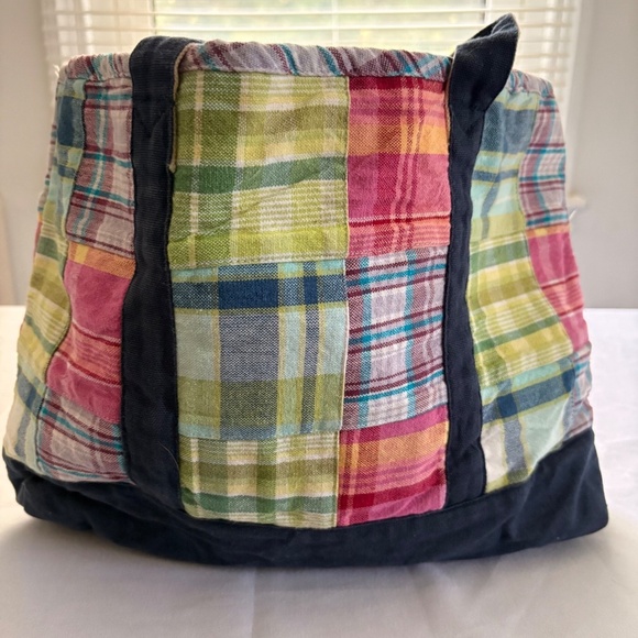 Indian Madras Plaid Cotton Patchwork Tote Bag 15"x6"x8" - Picture 7 of 13